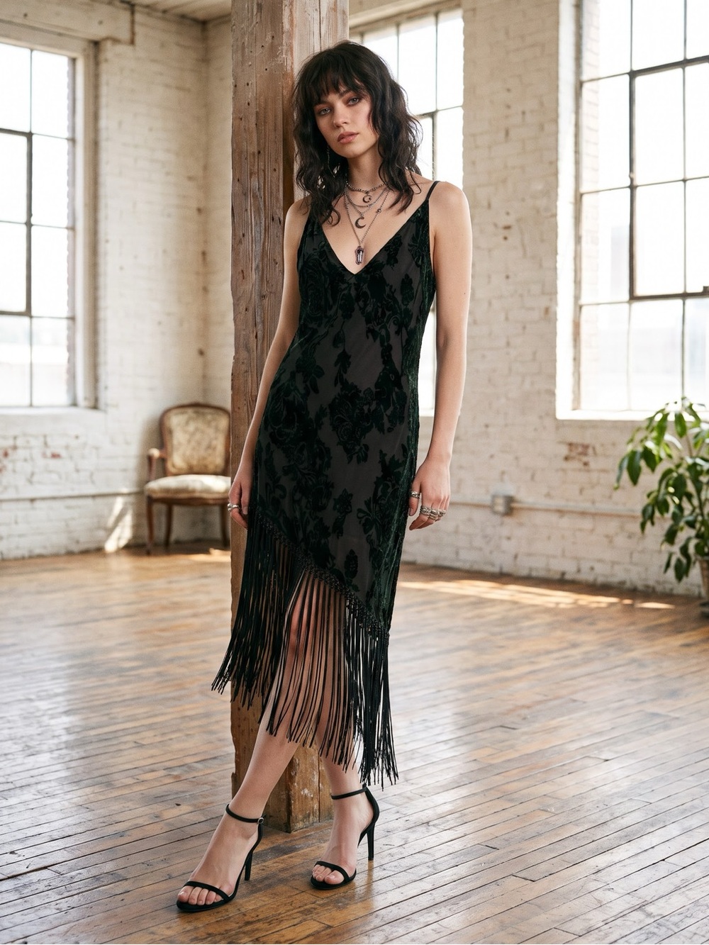 Vintage Y2K Tahari Black Green Burnout Silk Velvet Fringe Midi Slip Dress - M